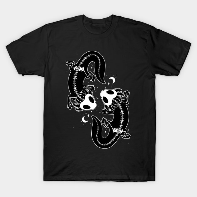 Pair of black skeleton axolotls dancing in the night T-Shirt by Ryuvhiel